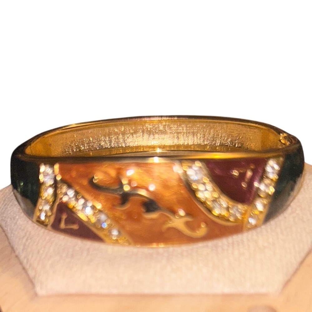 Vintage Gold Tone Enamel Rhinestone Hinged Bangle Bracelet Earth Tones Statement